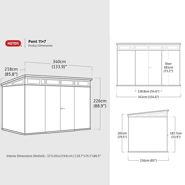 Keter Signature 7x11 ft Pent Walnut Plastic 2 door Shed with floor & 8 windows - Image 11